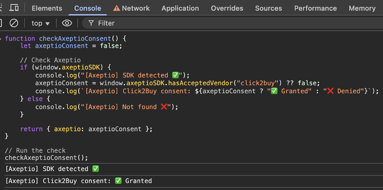 The check script run in the browser console, showing the SDK detected and the consent granted