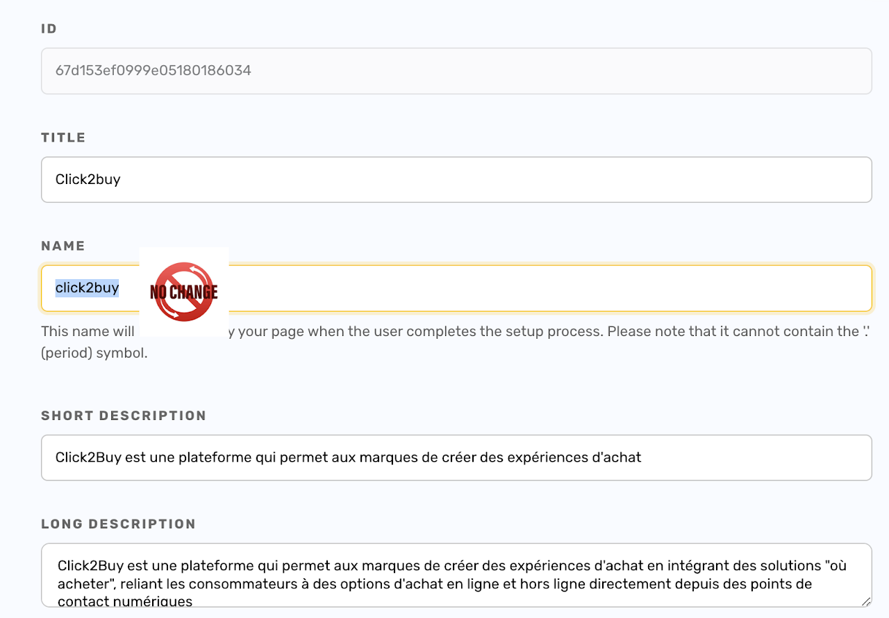 The Click2Buy cookie form, with the name field marked as not to be changed