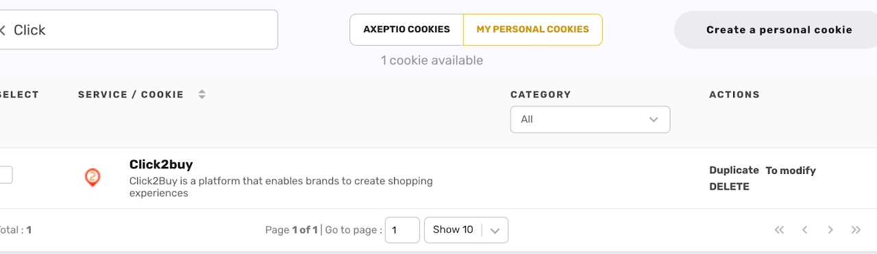 Click2Buy listed in the Personal Cookies tab