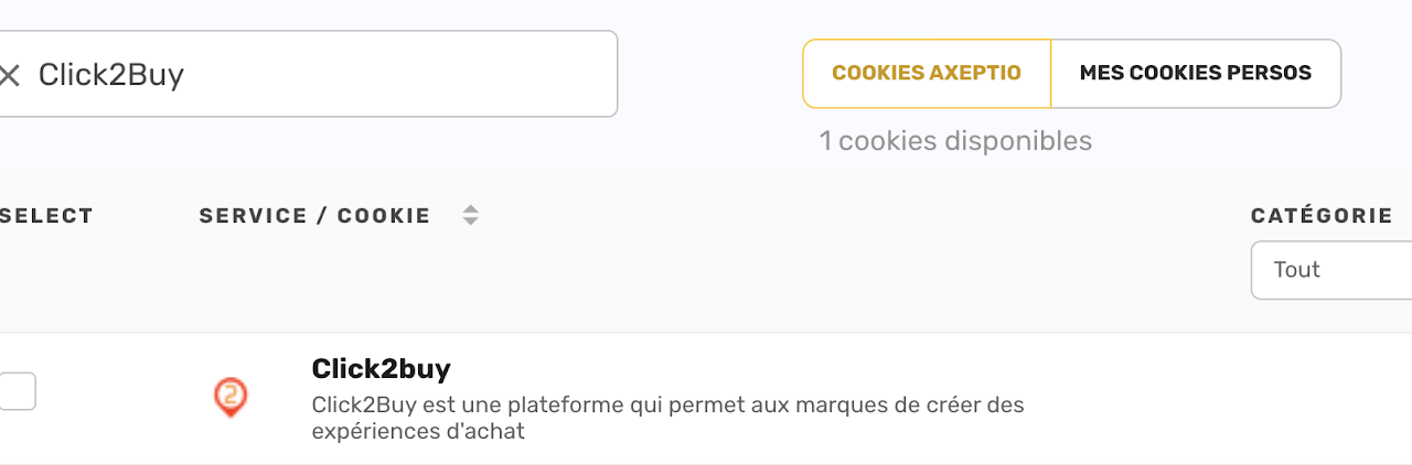 Search results for Click2Buy in the Axeptio Cookies tab