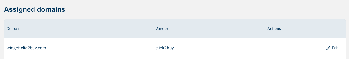 The Assigned domains list, with widget.clic2buy.com assigned to the click2buy vendor