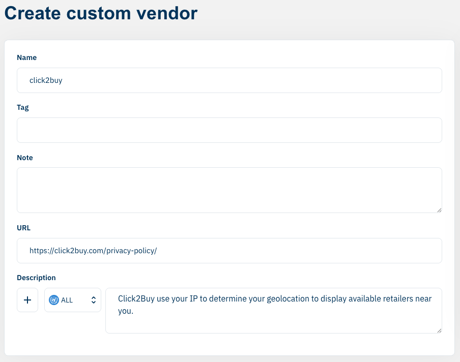 The Create custom vendor form in ConsentManager, with the name, URL and description filled in