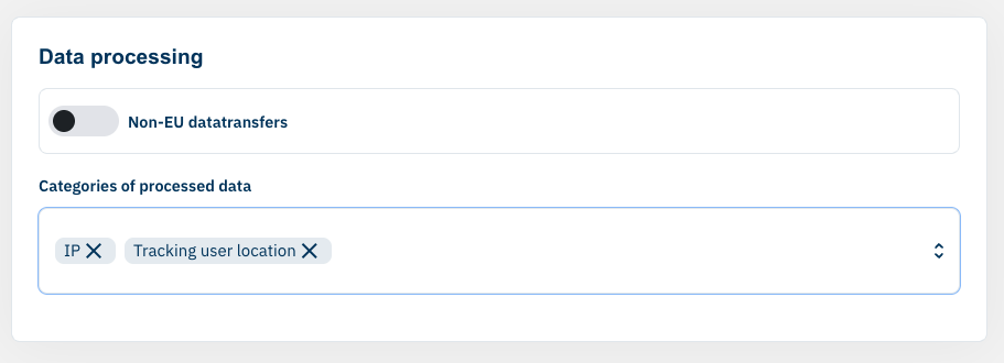 The Data processing section, with IP and Tracking user location selected