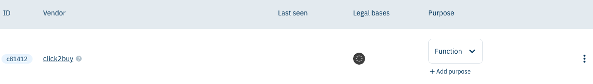 The click2buy vendor in the vendor list, with the Function purpose