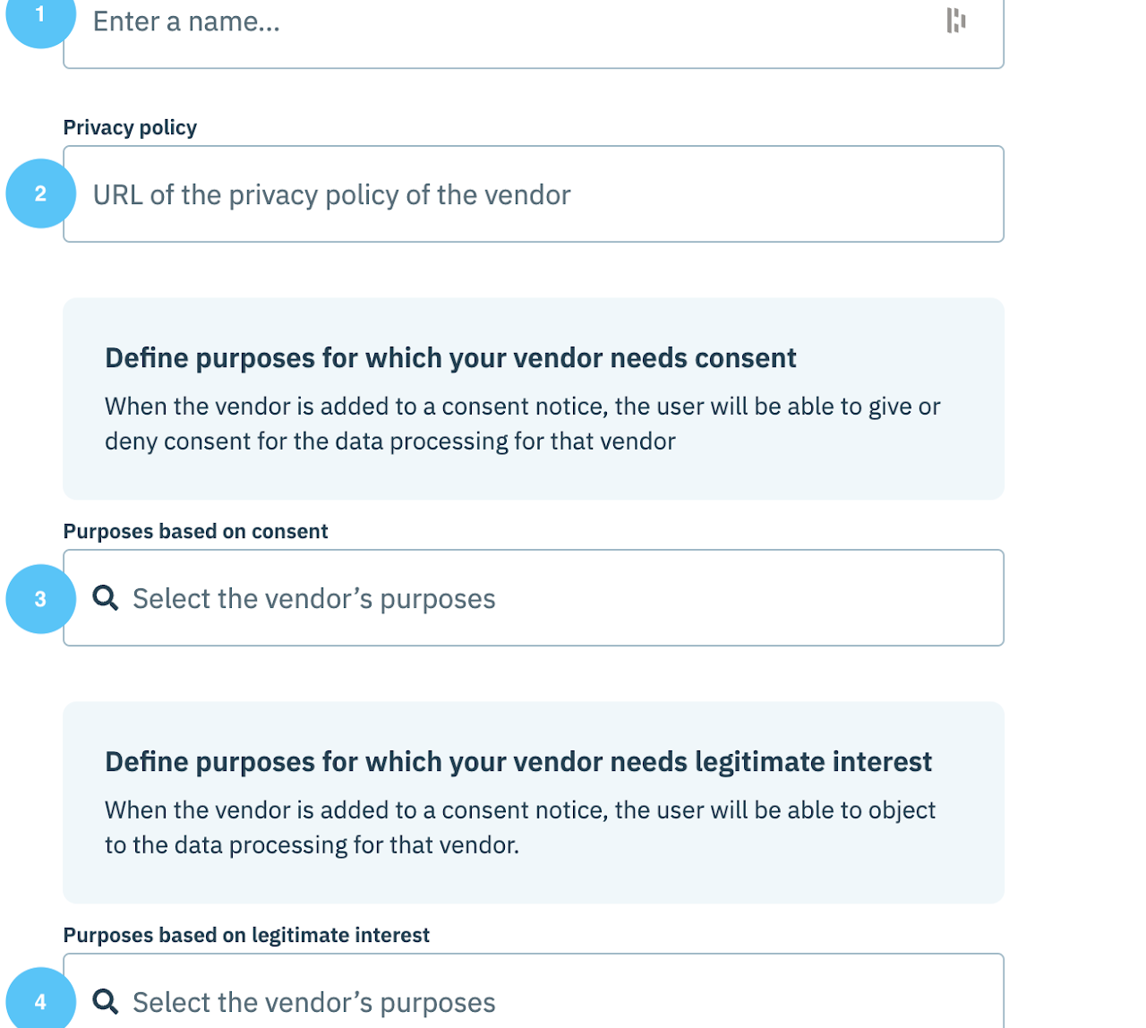 The Didomi vendor form: name, privacy policy, purposes based on consent and on legitimate interest