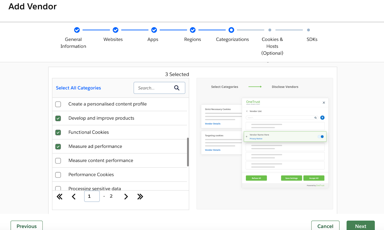 The Categorizations step of the OneTrust Add Vendor form, with Functional Cookies selected