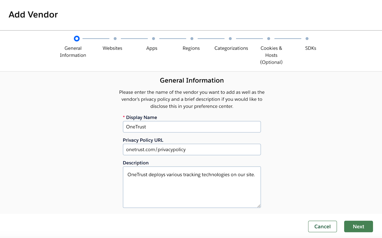 The General Information step of the OneTrust Add Vendor form