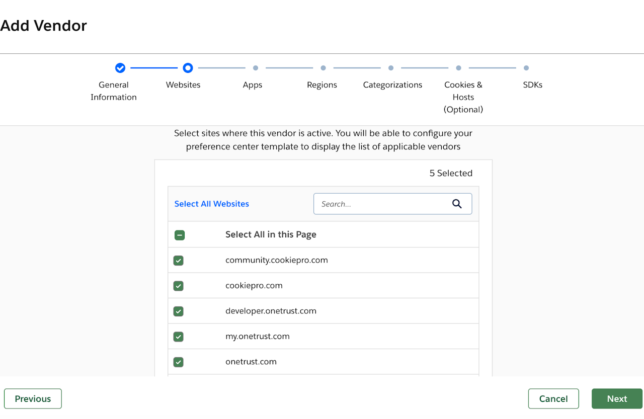 The Websites step of the OneTrust Add Vendor form, with websites selected