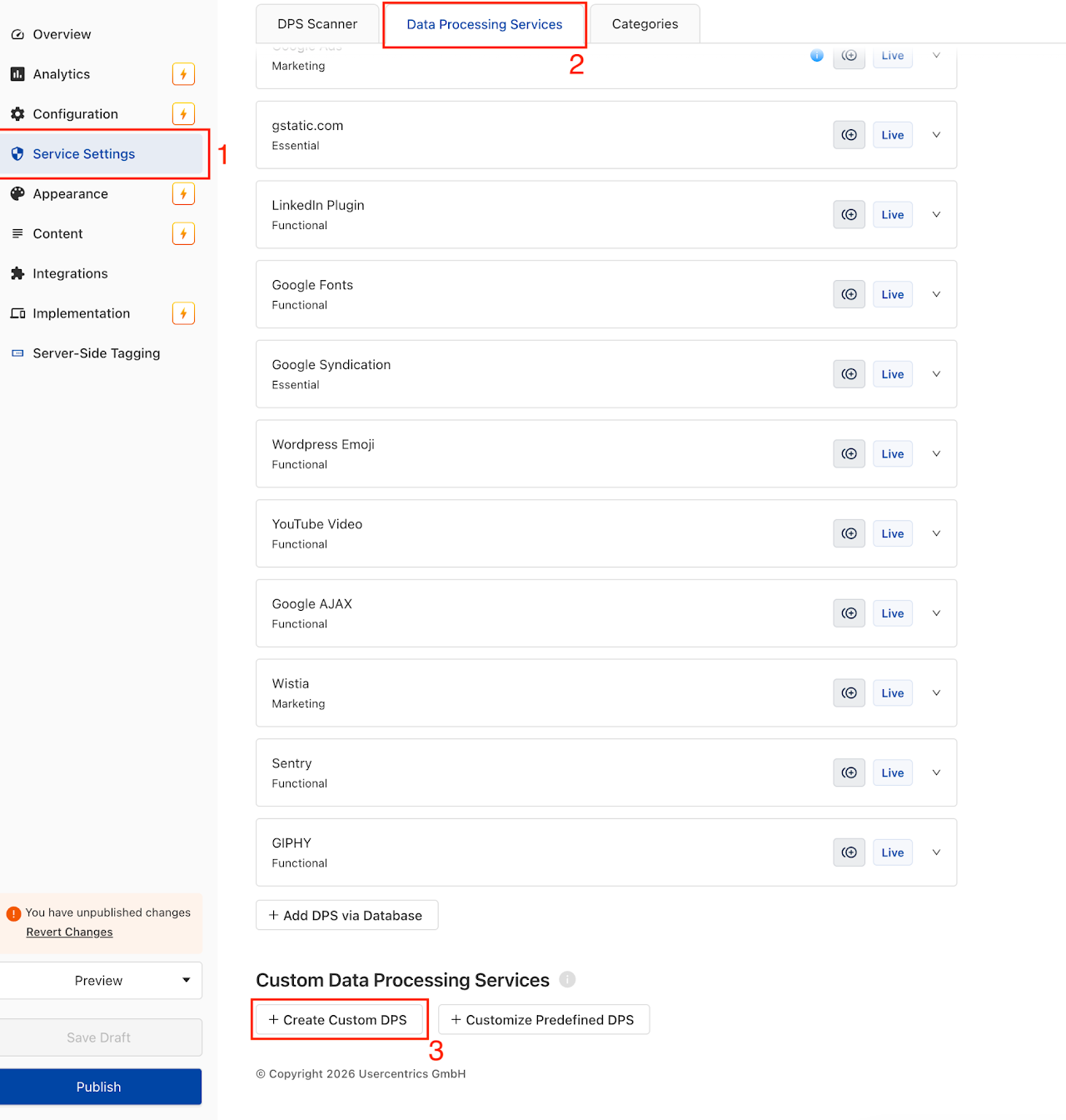 Service Settings, the Data Processing Services tab and the Create Custom DPS link, numbered 1 to 3