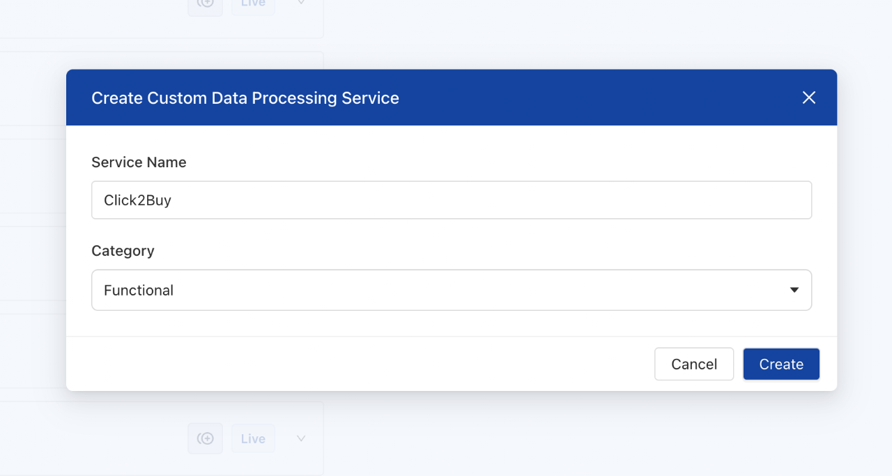 The Create Custom Data Processing Service window, with the name Click2Buy and the Functional category